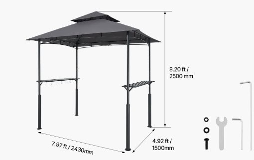 Altánok BBQ, 2430x1500x500 mm, grilovacia strieška na vonkajší gril, 2-úrovňová strieška na altánok BBQ, záhradný altánok s dvojitou strechou a vystuženými podpornými nohami, na terasu, dvor a záhradu – Obrázok 3