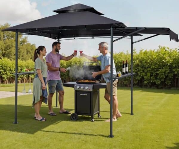 Altánok BBQ, 2430x1500x500 mm, grilovacia strieška na vonkajší gril, 2-úrovňová strieška na altánok BBQ, záhradný altánok s dvojitou strechou a prídavnou markízou, na terasu, dvor a záhradu – Obrázok 2