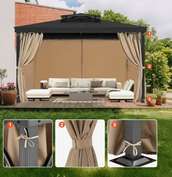 Závesy na altánok 2810x3730x2130 mm, 4-panelové bočné závesy na súkromie so zipsami, slnečné závesy ako náhrada za terasový prístrešok, IBA závesy, khaki – Obrázok 2