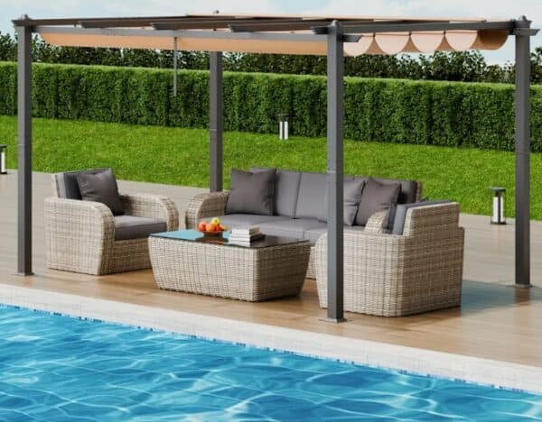 Pergola  2,96 x 3,95 x 2,3 m, altánok so strechou proti slnku, záhradný altánok s triedou ochrany UV50+, strieška nad terasovým altánkom, záhradný stan na terasy, záhrady, verandy, dvory (béžová) – Obrázok 2