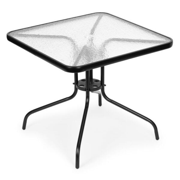 Záhradný stôl 80x80 cm na terasu, záhradu, balkón, tvrdené sklo, otvor na slnečník, MultiGarden