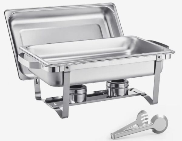 Chafing n(7,5 l), 2 kusy s 2 panvicami plnej veľkosti, obdĺžnikový ohrievač na catering s vekom a držiakom paliva, na svadby, večierky, bankety, strieborný – Obrázok 2