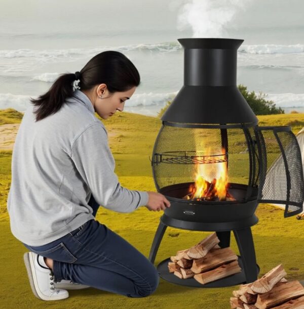 Záhradný krb 500x1100 mm, pec z aztéckeho železa na grilovanie a ohrievanie, ohnisko Chimenea s roštom, plášťom komína a nerezovým vekom na komín, na terasu, záhradu, dvor – Obrázok 4