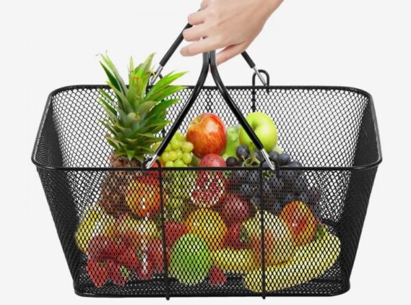 Nákupné košíky s rúčkami, balenie 12 kusov, čierny kovový nákupný košík, prenosné drôtené nákupné košíky, čierne drôtené nákupné košíky do supermarketov, maloobchodné predajne, nákup potravín, čierna – Obrázok 2