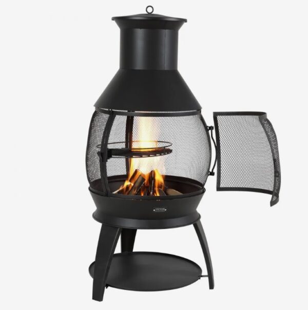 Záhradný krb 500x1100 mm, pec z aztéckeho železa na grilovanie a ohrievanie, ohnisko Chimenea s roštom, plášťom komína a nerezovým vekom na komín, na terasu, záhradu, dvor