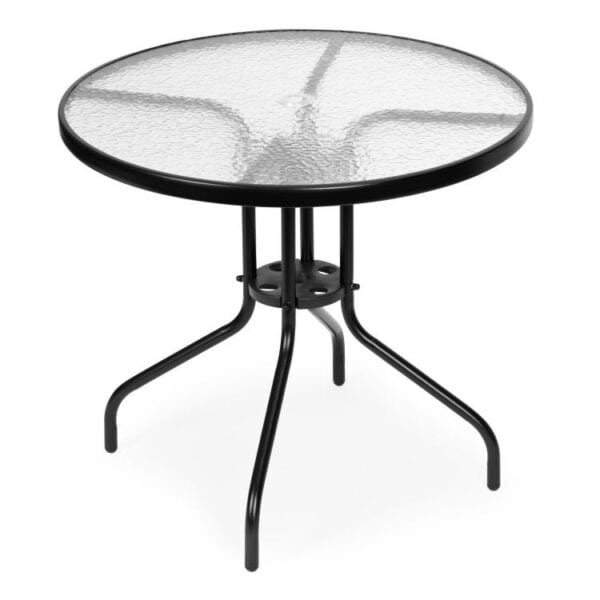 Okrúhly záhradný stôl 80 cm na terasu, záhradu, balkón, tvrdené sklo, otvor na slnečník, MultiGarden
