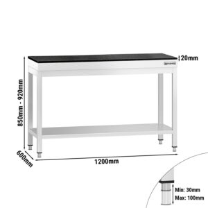 Pracovný stôl z nehrdzavejúcej ocele PREMIUM - 1200x600 mm - so základnou policou - vrátane žulovej pracovnej dosky