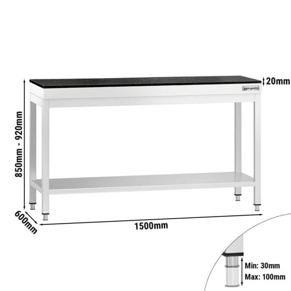 Pracovný stôl z nehrdzavejúcej ocele PREMIUM - 1500x600 mm - so základnou policou - vrátane žulovej pracovnej dosky