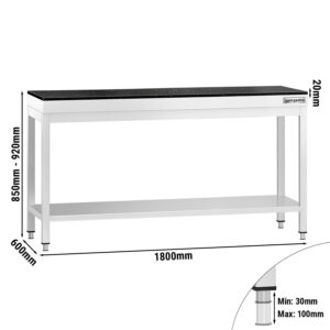 Prémiový pracovný stôl z nehrdzavejúcej ocele - 1800 x 600 mm - so základnou policou - vrátane žulovej pracovnej dosky