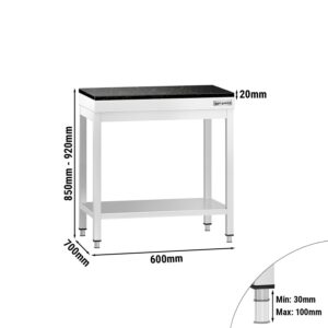 Pracovný stôl z nehrdzavejúcej ocele PREMIUM - 600x700 mm - so základnou policou - vrátane žulovej pracovnej dosky