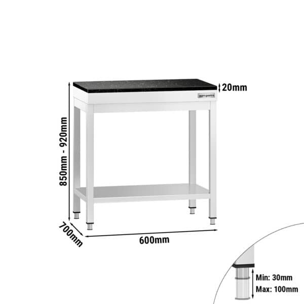 Pracovný stôl z nehrdzavejúcej ocele PREMIUM - 600x700 mm - so základnou policou - vrátane žulovej pracovnej dosky