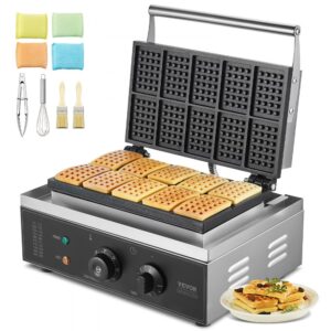 Komerčný vaflovač , 1550 W, nepriľnavý vaflovač z nehrdzavejúcej ocele s reguláciou teploty a času, rukoväť, pre reštaurácie, pekárne, snack bary, rodinný s 10 obdĺžnikovými vafľami