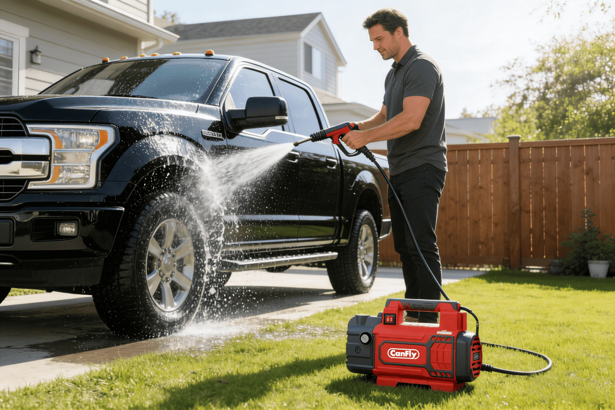 Washing the car with a pressure washer