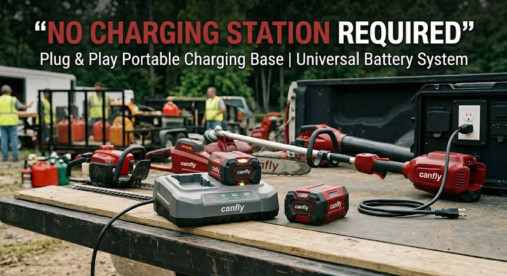 Canfly universal battery garden tools with a smart portable charging base plugged into a standard wall outlet on a truck bed with no fixed charging station required.