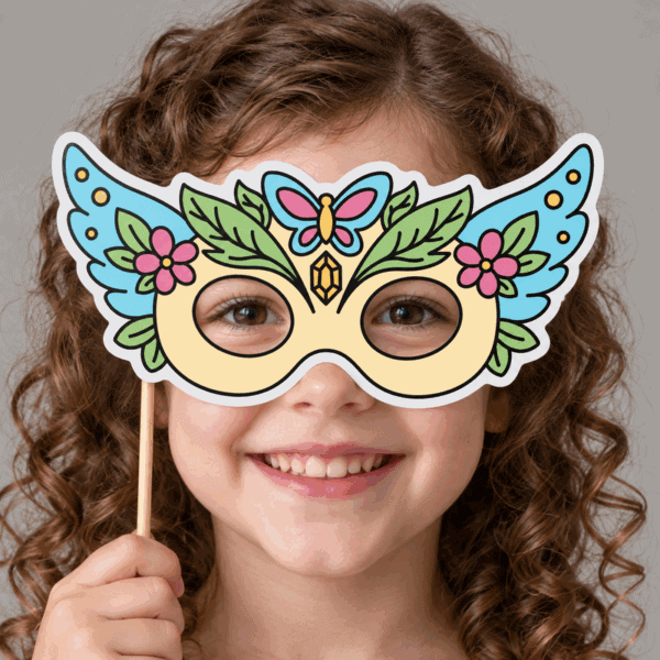 Fairy paper mask pre-colored printable craft - child wearing the finished mask