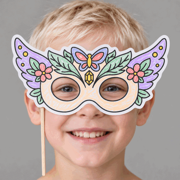 Fairy paper mask coloring printable craft - child wearing the finished mask
