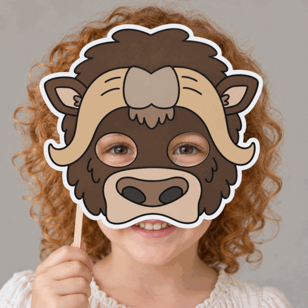 Musk ox paper mask printable costume craft for kids - child wearing the finished mask