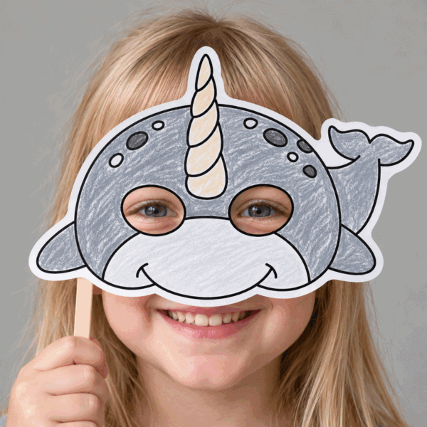 Narwhal paper mask coloring printable craft - child wearing the finished mask
