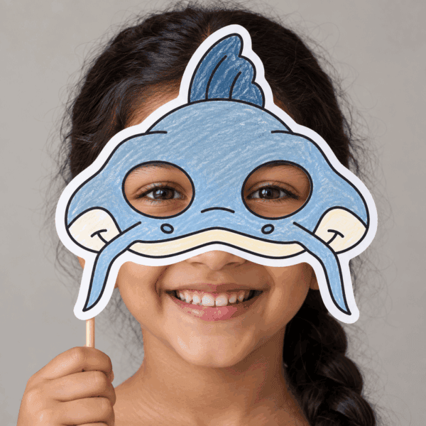 Catfish paper mask coloring - child wearing finished mask