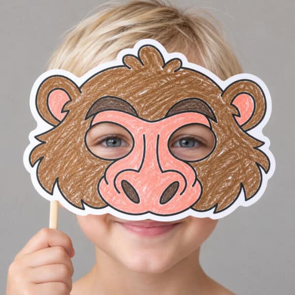 Baboon paper mask coloring - child wearing finished mask
