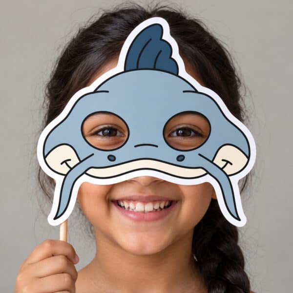 Catfish paper mask colored - child wearing finished mask