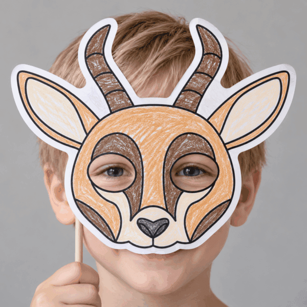 Gazelle paper mask coloring - child wearing finished mask