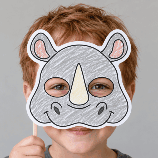Rhino paper mask coloring - child wearing finished mask