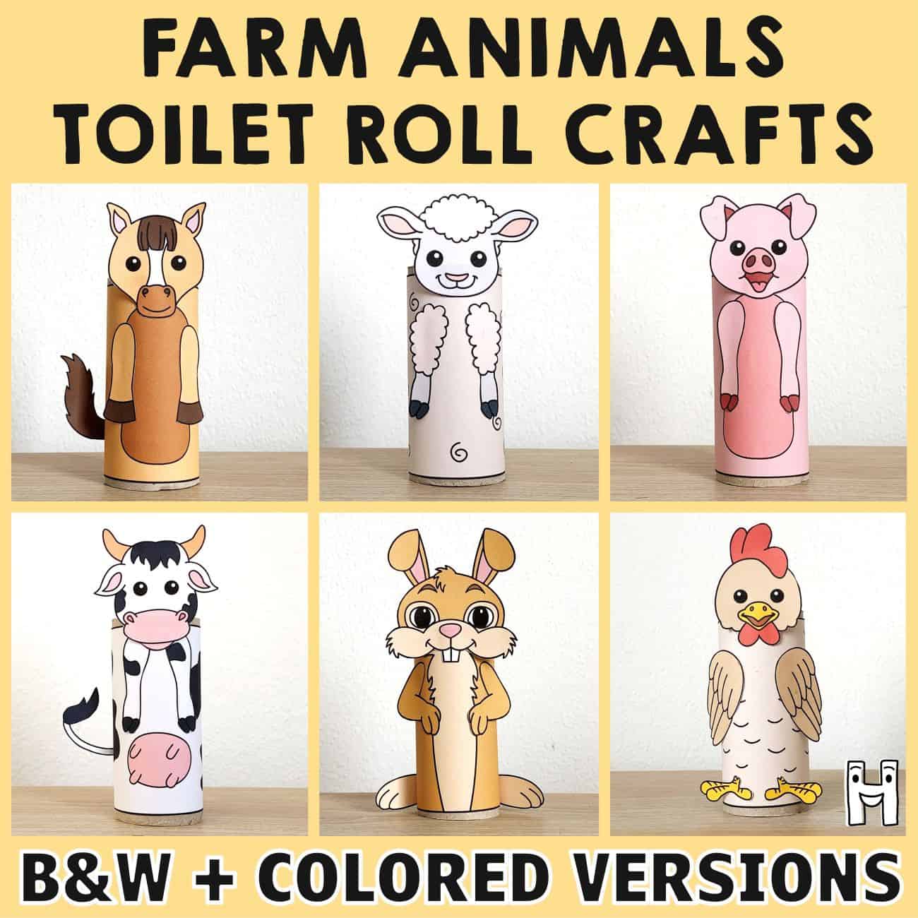 Farm animals toilet paper roll craft printable coloring decoration template for kids