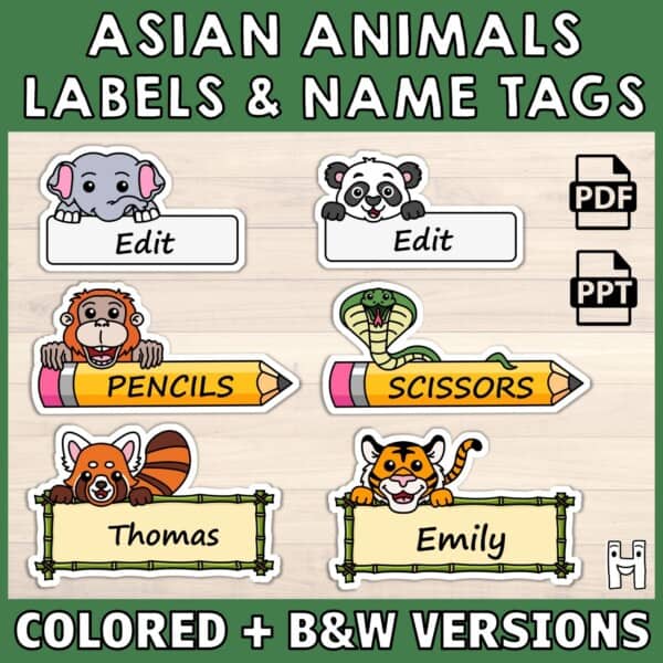 Asian animals labels name tags printable zoo classroom decoration