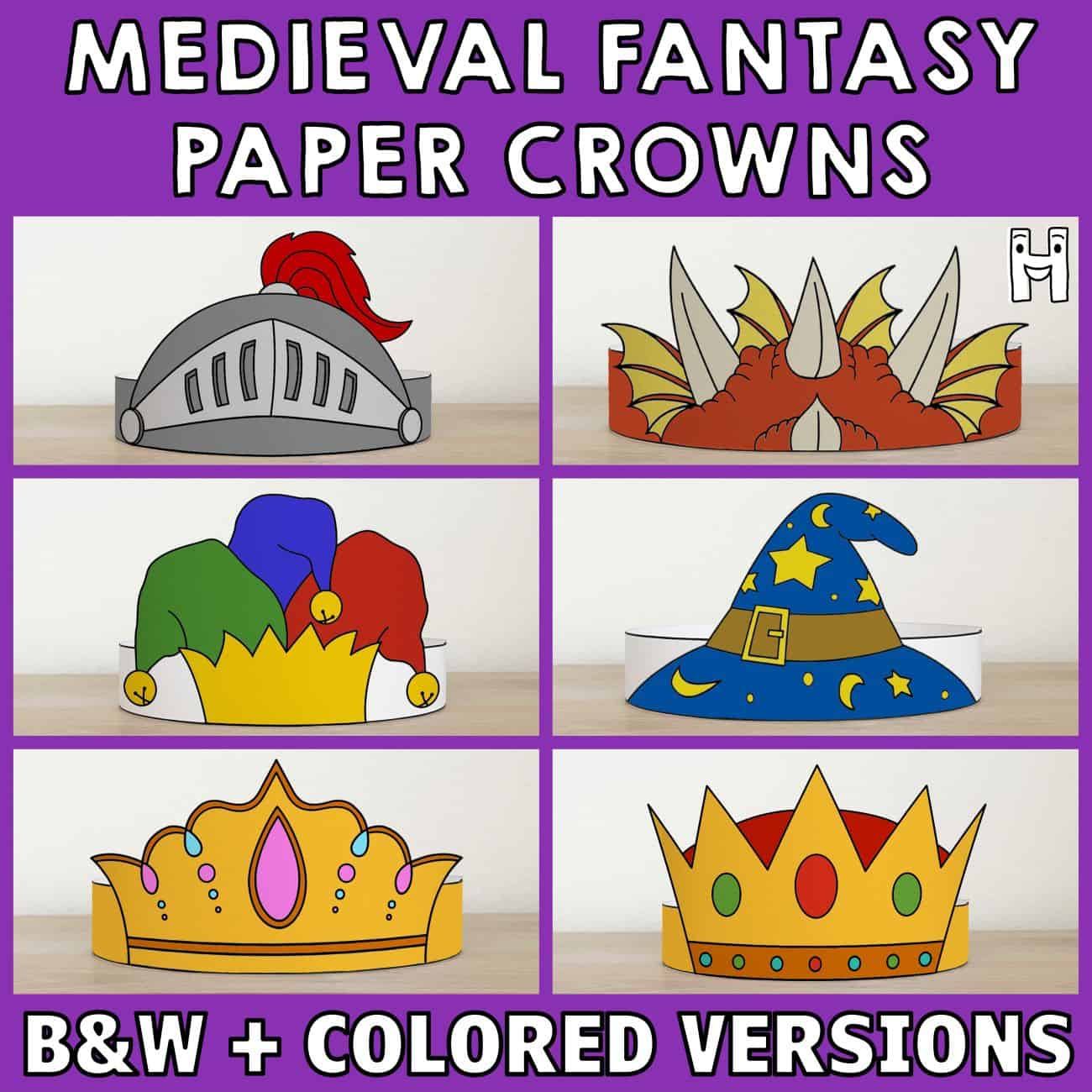 Medieval Fantasy paper crowns headbands hats kids craft coloring costume