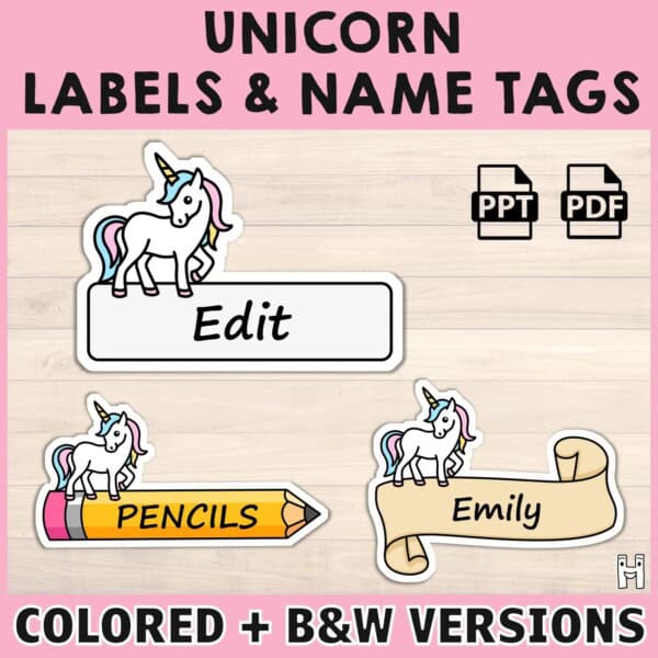 Unicorn labels name tags printable classroom decoration