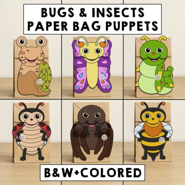 bugs insects paper bag puppet craft printable coloring activity kids