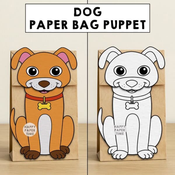 dog paper bag puppet craft printable coloring activity cut paste glue pet animal kids