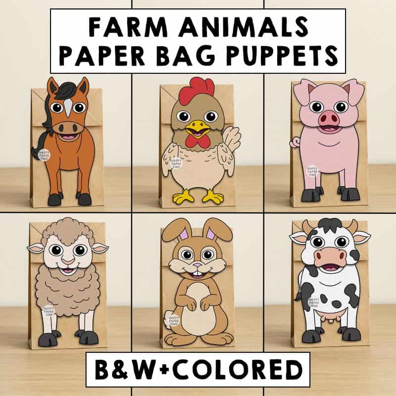 farm animals paper bag puppet craft printable coloring activity kids