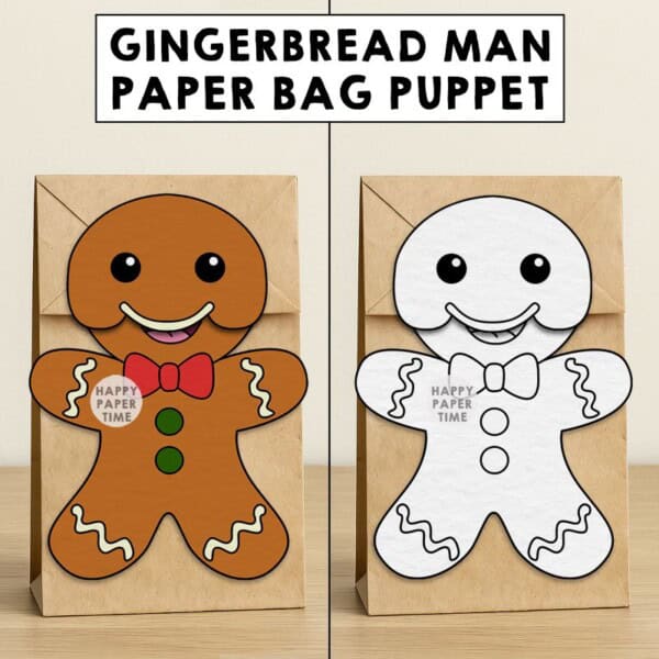 gingerbread man paper bag puppet craft printable coloring activity cut paste glue christmas holiday kids