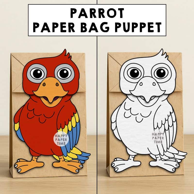parrot paper bag puppet craft printable coloring activity cut paste glue pet animal kids