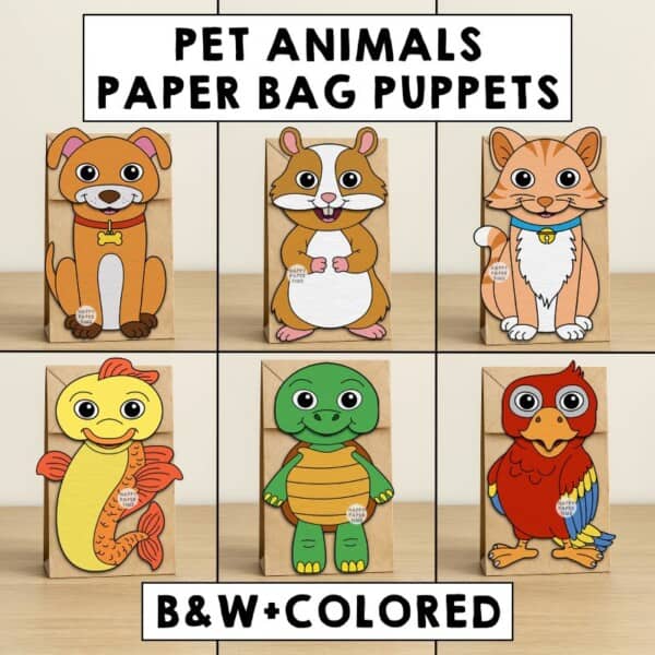 pet animals paper bag puppet craft printable coloring activity cut paste glue template kids