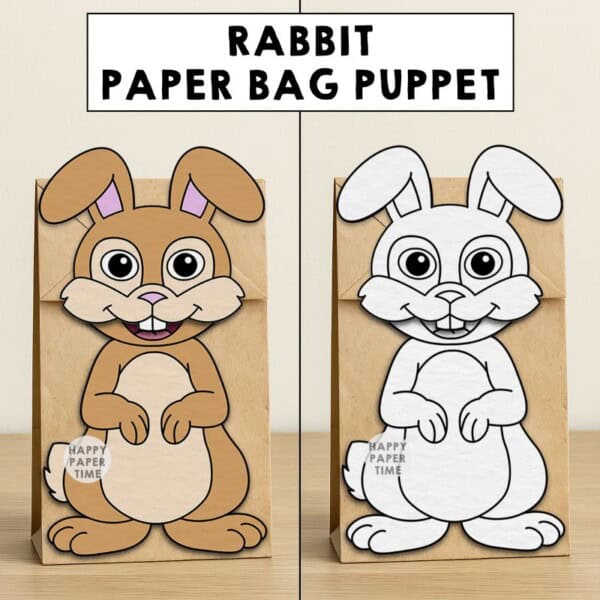 rabbit paper bag puppet craft printable coloring activity cut paste glue farm animal kids