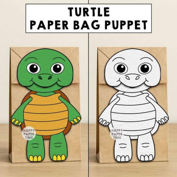 turtle paper bag puppet craft printable coloring activity cut paste glue animal pet kids