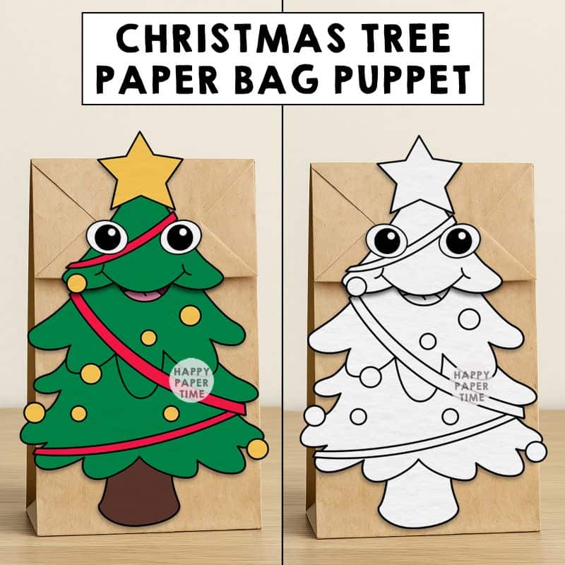 christmas tree paper bag puppet craft printable coloring activity cut paste glue kids