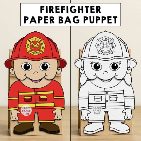 firefighter paper bag puppet craft printable coloring activity community helpers kids