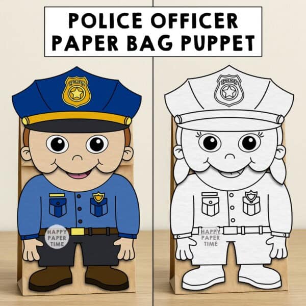 police officer paper bag puppet craft printable coloring activity community helpers kids
