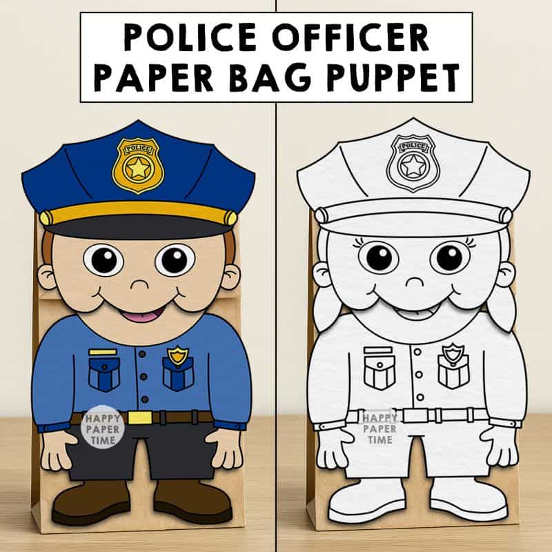 police officer paper bag puppet craft printable coloring activity community helpers kids