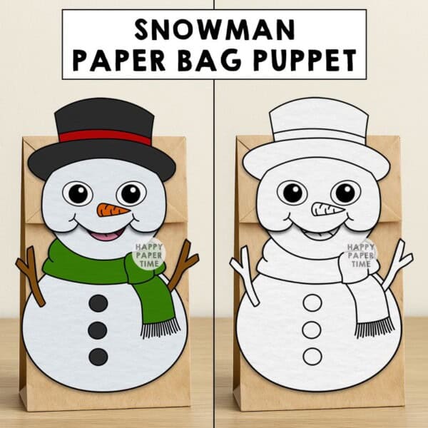 snowman paper bag puppet craft printable coloring activity christmas cut paste glue kids