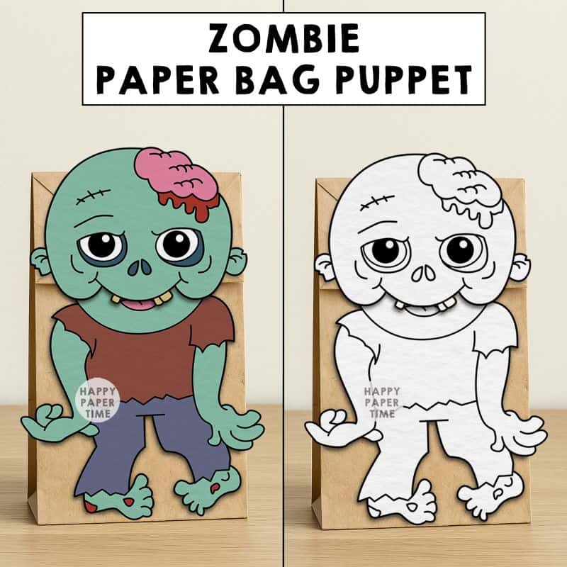 Zombie paper bag puppet bug craft activity template print