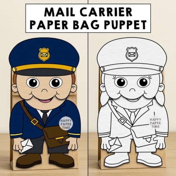 mail carrier paper bag puppet craft printable coloring activity community helpers kids postal worker postman