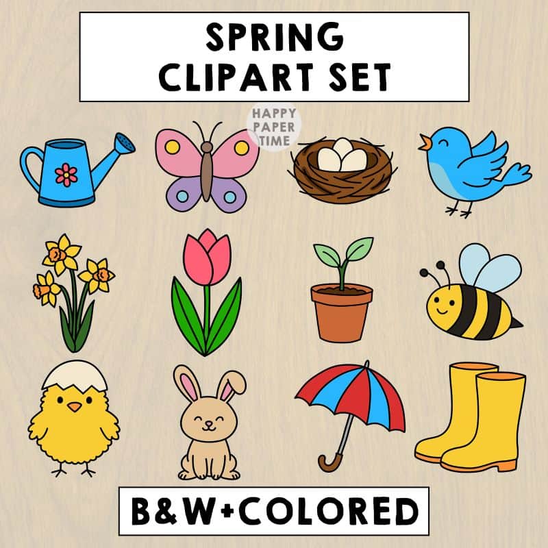 spring clipart set bundle png files colored black and white hand drawn cartoon