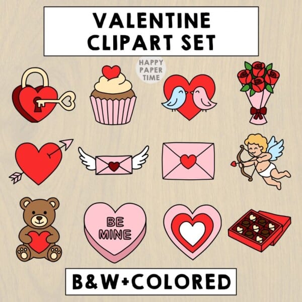 valentine clipart set icons doodle hand drawn cartoons colored black and white