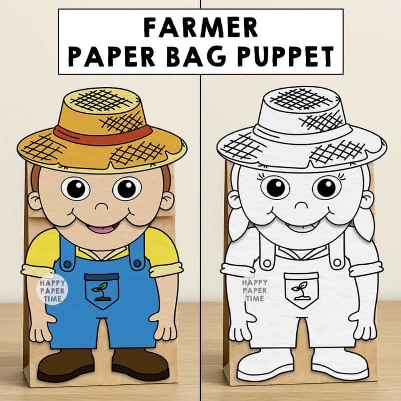 farmer paper bag puppet craft printable coloring activity community helpers kids gardener