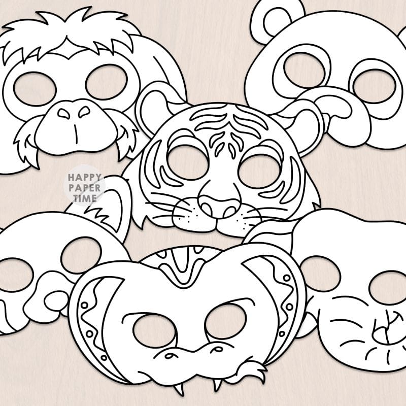 Asian animals masks paper template printable craft coloring activity for kids